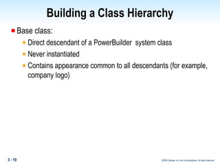 Building a Class Hierarchy Base class: Direct descendant of a PowerBuilder  system class Never instantiated Contains appearance common to all descendants (for example, company logo) 
