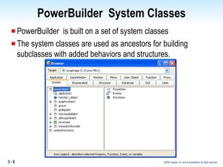 PowerBuilder  System Classes PowerBuilder  is built on a set of system classes The system classes are used as ancestors for building subclasses with added behaviors and structures. 