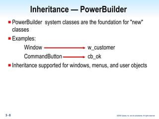 PowerBuilder  system classes are the foundation for "new" classes Examples: Window  w_customer CommandButton cb_ok Inheritance supported for windows, menus, and user objects Inheritance — PowerBuilder  
