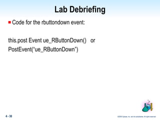 Lab Debriefing Code for the rbuttondown event: this.post Event ue_RButtonDown()  or PostEvent(“ue_RButtonDown”) 