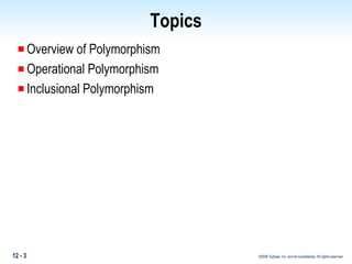 Topics O verview of Polymorphism Operational Polymorphism Inclusional Polymorphism 