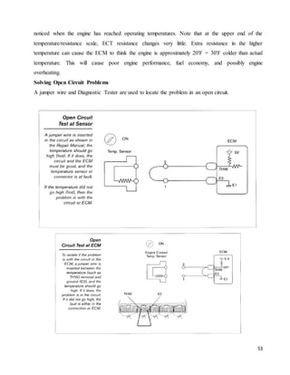53
noticed when the engine has reached operating temperatures. Note that at the upper end of the
temperature/resistance scale, ECT resistance changes very little. Extra resistance in the higher
temperature can cause the ECM to think the engine is approximately 20'F = 30'F colder than actual
temperature. This will cause poor engine performance, fuel economy, and possibly engine
overheating.
Solving Open Circuit Problems
A jumper wire and Diagnostic Tester are used to locate the problem in an open circuit.
 