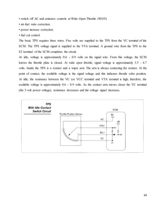 64
• switch off AC and emission controls at Wide Open Throttle (WOT).
• air-fuel ratio correction.
• power increase correction.
• fuel cut control.
The basic TPS requires three wires. Five volts are supplied to the TPS from the VC terminal of the
ECM. The TPS voltage signal is supplied to the VTA terminal. A ground wire from the TPS to the
E2 terminal of the ECM completes the circuit.
At idle, voltage is approximately 0.6 - 0.9 volts on the signal wire. From this voltage, the ECM
knows the throttle plate is closed. At wide open throttle, signal voltage is approximately 3.5 - 4.7
volts. Inside the TPS is a resistor and a wiper arm. The arm is always contacting the resistor. At the
point of contact, the available voltage is the signal voltage and this indicates throttle valve position.
At idle, the resistance between the VC (or VCC terminal and VTA terminal is high, therefore, the
available voltage is approximately 0.6 - 0.9 volts. As the contact arm moves closer the VC terminal
(the 5 volt power voltage), resistance decreases and the voltage signal increases.
 