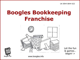 UK 0844 8844 622




Boogles Bookkeeping
     Franchise




                             Let the fun
                             & games…
                              begin! >
      www.boogles.info
 
