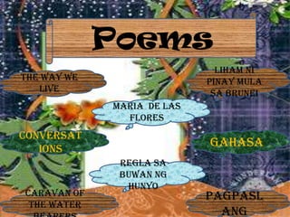 Poems
The Way We
Live
Pagpasl
ang
Regla sa
Buwan ng
Hunyo
conversat
ions
Caravan of
the Water
Maria De Las
Flores
Liham ni
Pinay mula
sa Brunei
Gahasa
 