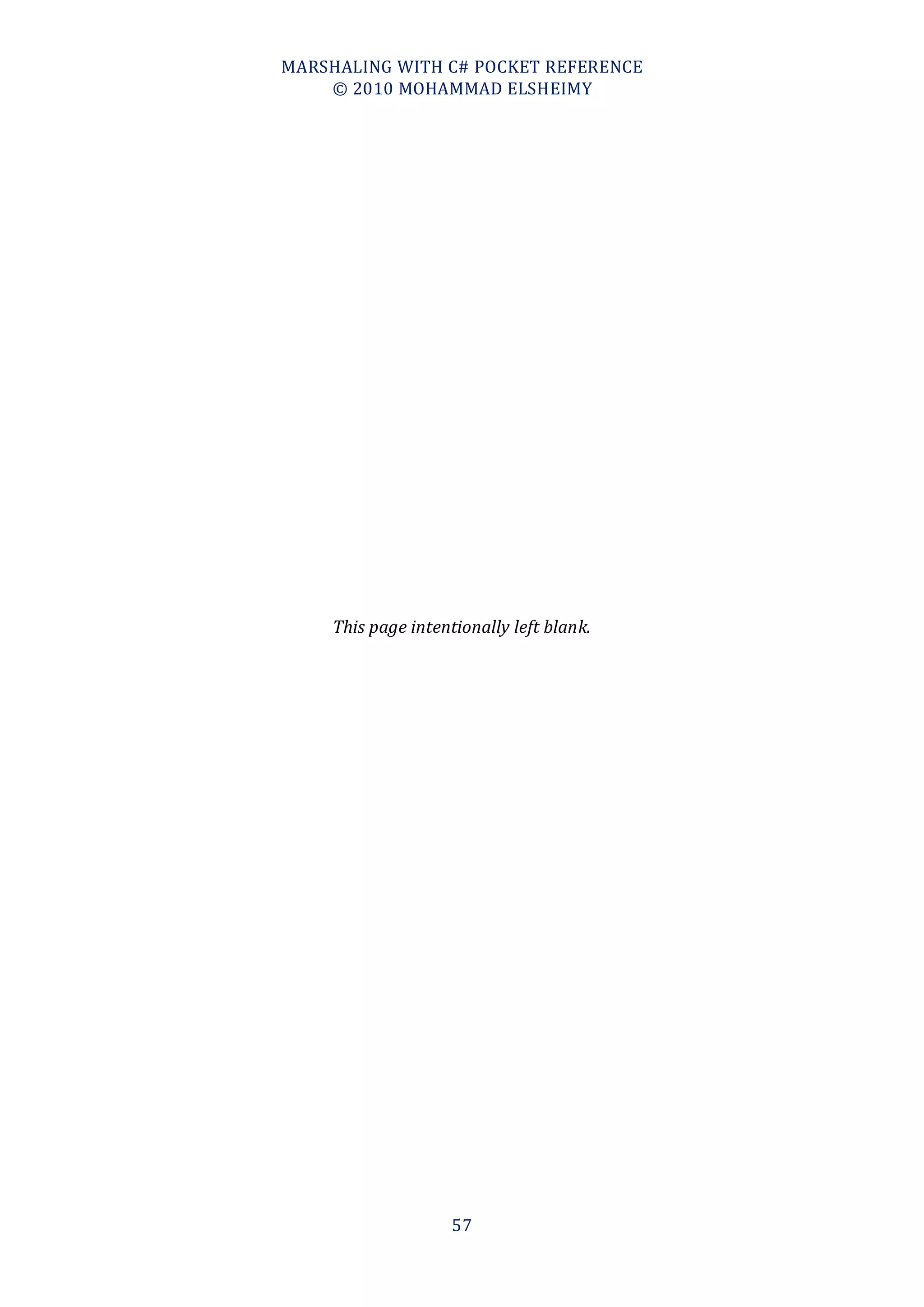 MARSHALING WITH C# POCKET REFERENCE
    © 2010 MOHAMMAD ELSHEIMY




    This page intentionally left blank.




                    57
 