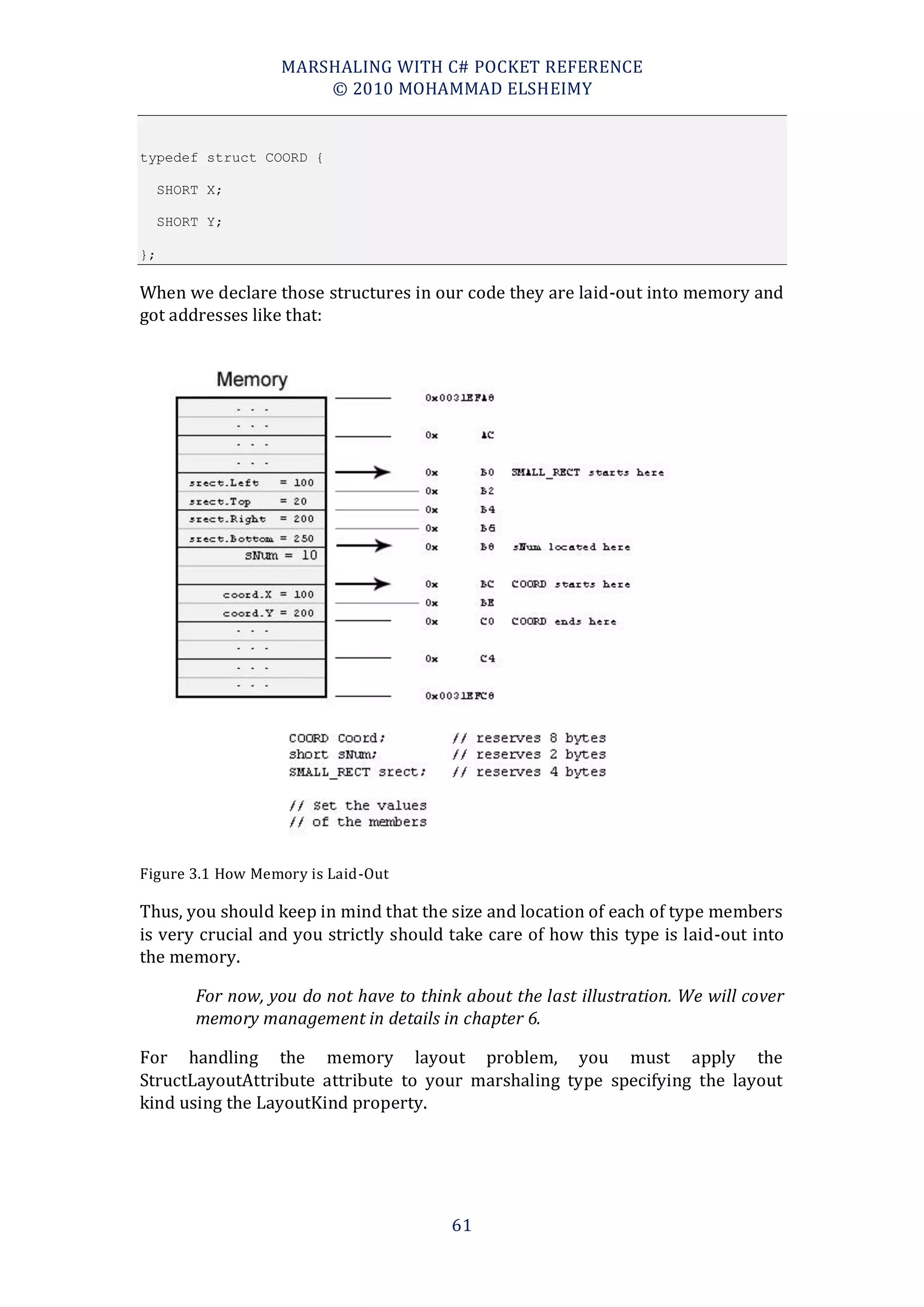 MARSHALING WITH C# POCKET REFERENCE
                        © 2010 MOHAMMAD ELSHEIMY


typedef struct COORD {

     SHORT X;

     SHORT Y;

};

When we declare those structures in our code they are laid-out into memory and
got addresses like that:




Figure 3.1 How Memory is Laid-Out

Thus, you should keep in mind that the size and location of each of type members
is very crucial and you strictly should take care of how this type is laid-out into
the memory.

         For now, you do not have to think about the last illustration. We will cover
         memory management in details in chapter 6.

For handling the memory layout problem, you must apply the
StructLayoutAttribute attribute to your marshaling type specifying the layout
kind using the LayoutKind property.




                                          61
 