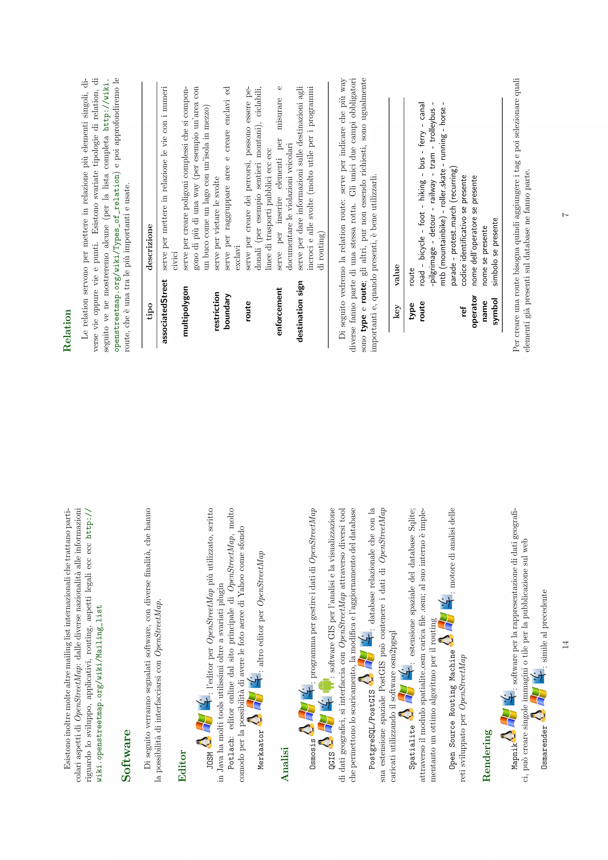 Esistono inoltre molte altre mailing list internazionali che trattano parti-   Relation
colari aspetti di OpenStreetMap: dalle diverse nazionalit` alle informazioni
                                                             a
riguardo lo sviluppo, applicativi, routing, aspetti legali ecc ecc http://            Le relation servono per mettere in relazione pi` elementi singoli, di-
                                                                                                                                     u
wiki.openstreetmap.org/wiki/Mailing_list                                           verse vie oppure vie e punti. Esistono svariate tipologie di relation, di
                                                                                   seguito ve ne mostreremo alcune (per la lista completa http://wiki.
                                                                                   openstreetmap.org/wiki/Types_of_relation) e poi approfondiremo le
Software                                                                           route, che ` una tra le pi` importanti e usate.
                                                                                              e              u

    Di seguito verranno segnalati software, con diverse ﬁnalit`, che hanno
                                                              a                            tipo           descrizione
la possibilit` di interfacciarsi con OpenStreetMap.
             a
                                                                                     associatedStreet     serve per mettere in relazione le vie con i numeri
                                                                                                          civici
Editor                                                                                 multipolygon       serve per creare poligoni complessi che si compon-
                                                                                                          gono di pi` di una way (per esempio un’area con
                                                                                                                     u
    JOSM                : l’editor per OpenStreetMap pi` utilizzato, scritto
                                                          u                                               un buco come un lago con un’isola in mezzo)
in Java ha molti tools utilissimi oltre a svariati plugin                               restriction       serve per vietare le svolte
    Potlach: editor online dal sito principale di OpenStreetMap, molto                   boundary         serve per raggruppare aree e creare enclavi ed
comodo per la possibilit` di avere le foto aeree di Yahoo come sfondo
                         a                                                                                exclavi
                                                                                           route          serve per creare dei percorsi, possono essere pe-
   Merkaator                   : altro editor per OpenStreetMap                                           donali (per esempio sentieri montani), ciclabili,
                                                                                                          linee di trasporti pubblici ecc ecc
                                                                                       enforcement        serve per inserire elementi per misurare e
Analisi                                                                                                   documentare le violazioni veicolari
                                                                                     destination sign     serve per dare informazioni sulle destinazioni agli
   Osmosis                  : programma per gestire i dati di OpenStreetMap                               incroci e alle svolte (molto utile per i programmi
                                                                                                          di routing)
    QGIS                      : software GIS per l’analisi e la visualizzazione
di dati geograﬁci, si interfaccia con OpenStreetMap attraverso diversi tool           Di seguito vedremo la relation route: serve per indicare che pi` way
                                                                                                                                                      u
che permettono lo scaricamento, la modiﬁca e l’aggiornamento del database          diverse fanno parte di una stessa rotta. Gli unici due campi obbligatori
                                                                                   sono type e route; gli altri, pur non essendo richiesti, sono ugualmente
    PostgreSQL/PostGIS                    : database relazionale che con la        importanti e, quando presenti, ` bene utilizzarli.
                                                                                                                  e
sua estensione spaziale PostGIS pu` contenere i dati di OpenStreetMap
                                     o
caricati utilizzando il software osm2pgsql                                                  key       value
    Spatialite                   : estensione spaziale del database Sqlite;                 type      route
                                                                    e
attraverso il modulo spatialite osm carica ﬁle .osm; al suo interno ` imple-               route      road - bicycle - foot - hiking - bus - ferry - canal
mentanto un ottimo algoritmo per il routing                                                           -pilgrimage - detour - railway - tram - trolleybus -
                                                                                                      mtb (mountainbike) - roller skate - running - horse -
    Open Source Routing Machine                       : motore di analisi delle                       parade - protest march (recurring)
reti sviluppato per OpenStreetMap                                                           ref       codice identiﬁcativo se presente
                                                                                         operator     nome dell’operatore se presente
Rendering                                                                                  name       nome se presente
                                                                                          symbol      simbolo se presente

    Mapnik               : software per la rappresentazione di dati geograﬁ-       Per creare una route bisogna quindi aggiungere i tag e poi selezionare quali
ci, pu` creare singole immagini o tile per la pubblicazione sul web
      o                                                                            elementi gi` presenti sul database ne fanno parte.
                                                                                              a
   Osmarender                    : simile al precedente

                                      14                                                                                 7
 
