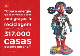 104

“Com a energia
que se economiza a cada

ano graças à
reciclagem
de PET* pode-se produzir luz para quase




317.000
durante um ano.”
* PET: Tereftalato de Polietileno. Tipo de plástico muito usado na fabricação de
  embalagens de bebidas e têxteis.
 