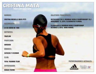 CRISTINA MATA
 CALENDARIO INTERNACIONAL 2010
  IRONMAN ST. CROIX 70.3 (ISLAS VIRGENES) 2 DE MAYO
           TRIATLON 2009-2010
                                                         PALMARES 2009 - 2010
                                                         2da TICOMAN IRONMAN 70.3 (COSTA RICA 2009)

  IRONMAN FRANCE (NIZA, FRANCIA) 27 DE JUNIO             2da RANKING GENERAL FEMENINO 2009 DE LA
 NOMBRE:                                              OBJETIVOS PRINCIPALES: DE PANAMA
                                                             UNION DE TRIATLON
  FOSTER GRANT IRONMAN WORLD CHAMPIONSHIP 70.3
 CRISTINA MICHELLE MATA PITTI NOVIEMBRE
  (CLEARWATER, FLORIDA) 13 DE                             1ra CATEGORIA FEMENINA 18-24 AÑOS
                                                      DESTACARSE EN EL IRONMAN WORLD CHAMPIONSHIP 70.3
                                                              IRONMAN PUCON 70.3
                                                      NOVIEMBRE 13, 2010, CLEARWATER FLORIDA.
  FORD IRONMAN COZUMEL (MEXICO), 28 DE NOVIEMBRE
 NACIMIENTO:
                                                      CLASIFICAR AL IRONMAN WORLD CHAMPIONHIP
 24 DE ENERO DE 1986                                  OCTUBRE 9, 2010, KONA HAWAII.

 DEPORTES:

 TRIATLON

 PROFESION:

 ABOGADA

 HOBBIES:

 CAYUCOS Y ESCRIBIR

 CLUB:

 TOTAL TRAINING TEAM                                                       PATROCINADORES ACTUALES:


CRISTINA MATA
 ENTRENADOR:

           TRIATLON 2009-2010
 RONAN PAVONI
 