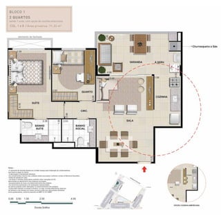 BLOCO 1
2 quartos
sendo 1 suíte, com opção de cozinha americana
Col. 1 e 8 / Área privativa: 71,33 m2
 