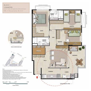 BLOCO 1
3 quartos
sendo 1 suíte, com opção de cozinha americana
Col. 2 / Área privativa: 86,13 m2
 