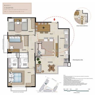 BLOCO 1
3 quartos
sendo 1 suíte, com opção de cozinha americana
Col. 6 / Área privativa:86,17 m2
 