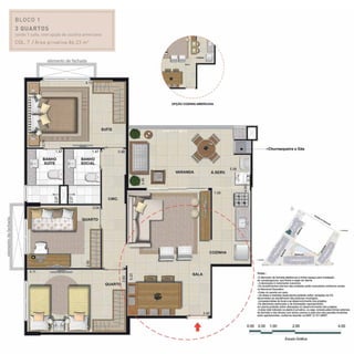 BLOCO 1
3 quartos
sendo 1 suíte, com opção de cozinha americana
Col. 7 / Área privativa:86,23 m2
 