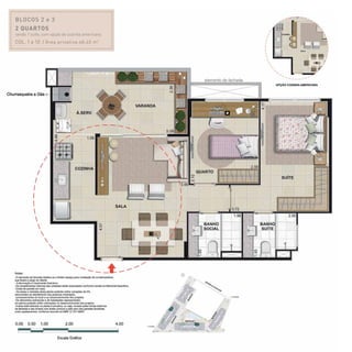 BLOCOS 2 e 3
2 quartos
sendo 1 suíte, com opção de cozinha americana
Col. 1 e 10 / Área privativa:68,40 m2
 