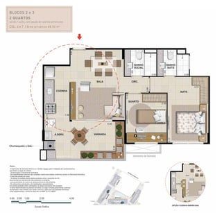 BLOCOS 2 e 3
2 quartos
sendo 1 suíte, com opção de cozinha americana
Col. 4 e 7 / Área privativa:68,50 m2
 