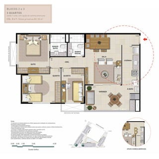 BLOCOS 2 e 3
3 quartos
sendo 1 suíte, com opção de cozinha americana
Col. 8 e 9 / Área privativa:82,18 m2
 