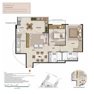 BLOCOS 2 e 3
2 quartos
sendo 1 suíte, com opção de cozinha americana
Col. 11 e 12 / Área privativa:69,42 m2
 