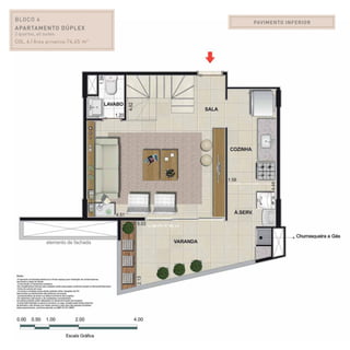 PAVIMENTO INFERIOR
BLOCO 4
Apartamento Dúplex
2 quartos, all suites.
Col. 6 / Área privativa:74,45 m2
 