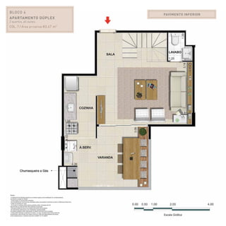 PAVIMENTO INFERIOR
BLOCO 4
Apartamento Dúplex
2 quartos, all suites.
Col. 7 / Área privativa:83,47 m2
 