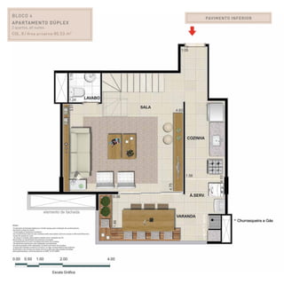 PAVIMENTO INFERIOR
BLOCO 4
Apartamento Dúplex
2 quartos, all suites.
Col. 8 / Área privativa:80,53 m2
 