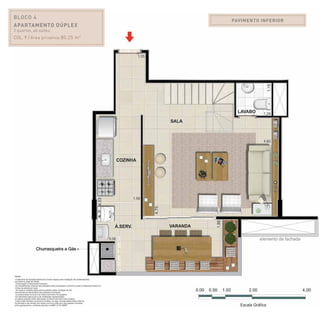 PAVIMENTO INFERIOR
BLOCO 4
Apartamento Dúplex
2 quartos, all suites.
Col. 9 / Área privativa:80,25 m2
 