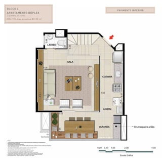 PAVIMENTO INFERIOR
BLOCO 4
Apartamento Dúplex
2 quartos, all suites.
Col. 12 / Área privativa:82,33 m2
 