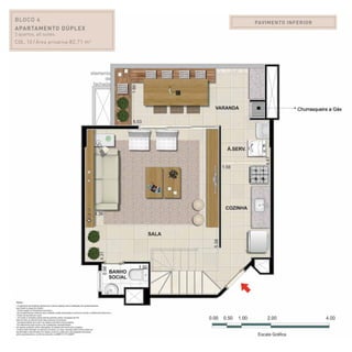 PAVIMENTO INFERIOR
BLOCO 4
Apartamento Dúplex
2 quartos, all suites.
Col. 13 / Área privativa:82,71 m2
 