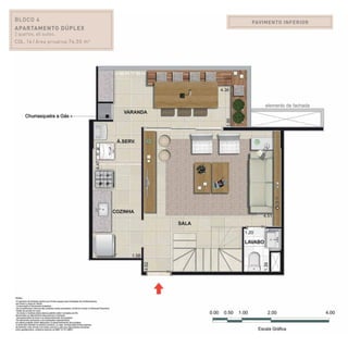 PAVIMENTO INFERIORBLOCO 4
Apartamento Dúplex
2 quartos, all suites.
Col. 14 / Área privativa:74,55 m2
 