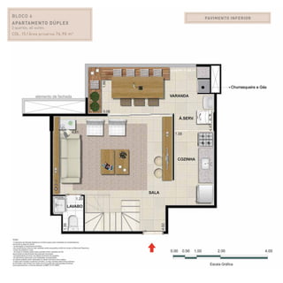 PAVIMENTO INFERIORBLOCO 4
Apartamento Dúplex
2 quartos, all suites.
Col. 15 / Área privativa:76,90 m2
 