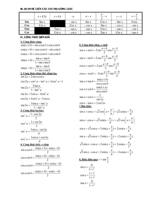 III, quan hÖ gi÷a c¸c gi¸ trÞ l­îng gi¸c

Sin
Cos
Tan
Cot

x  k

-x

 x

Tan x
Cot x

x  k 2

- sin x
Cos x
- tan x
- cot x

Sin x
- cos x
- tan x
- cot x

Sin x
Cos x



x

x

x

2
Cos x
Sin x
Cot x
Tan x

2
Cosx
- sin x
- cot x
- tan x

- Sin x
- cos x
- tan x
Cot x

IV, C«ng thøc biÕn ®æi

1. C«ng thøc c«ng:

sin(a  b)  sin a cos b  cos a sin b

5. C«ng thøc tæng -> tÝch

cos(a  b)  cos a cos b  sin a sin b

ab
a b
cos
2
2
ab
a b
sin a  sin b  2 cos
sin
2
2
ab
a b
cos a  cos b  2 cos
cos
2
2
ab
a b
cos a  cos b  2sin
sin
2
2
sin( a  b)
tan a  tan b 
cos a cos b
sin(b  a )
cot a  cot b 
sin a sin b
2
tan a  cot a 
sin 2a
cot a  tan a  2cot 2a

cos(a  b)  cos a cos b  sin a sin b
tan a  tan b
1  tan a tan b
tan a  tan b
tan(a  b) 
1  tan a tan b
tan(a  b) 

2. C«ng thøc nh©n ®«i, nh©n ba:

sin 2a  2sin a cos a
cos 2a  cos 2 a  sin 2 a  2cos 2 a  1
2 tan a
tan 2 a 
1  tan 2 a
sin 3a  3sin a  4sin 3 a
cos3a  4 cos3 a  3cos a
tan 3a 

3 tan a  tan 3 a
1  tan 2 a

3. C«ng thøc h¹ bËc:

1  cos 2 a
2
1  cos 2a
cos 2 a 
2
3sin a  sin 3a
sin 3 a 
4
3cos a  cos 3a
cos3 a 
4
sin 2 a 

4. C«ng thøc tÝch -> tæng

sin(a  b )  sin(a  b)
2
sin(a  b )  sin(a  b)
cos a sin b 
2
cos( a  b)  cos(a  b)
cos a cos b 
2
cos(a  b)  cos( s  b )
sin a sin b 
2
sin a cos b 

sin a  sin b  2sin

* §Æc biÖt:




sin a  cos a  2 sin  a    2 cos( a  )
4
4




sin a  cos a  2 sin(a  )   2 cos  a  
4
4





sin a  3 cos a  2sin(a  )  2 cos( a  )
3
6





sin a  3 cos a  2sin( a  )  2 cos( a  )
3
6





3 sin a  cos a  2sin(a  )  2 cos( a  )
6
3







3 sin a  cos a  2sin( a  )  2 cos( a  )
6
3
a
6. BiÓu diÔn qua t  tan
2
2t
sin a 
1 t2
1 t2
cos a 
1 t 2
2t
tan a 
1 t 2

 