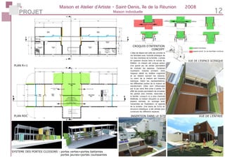 PROJET
Plans
Plan R+1
Plan Rez-de-chaussée
Avant-Projet
Le projet s’articule autour d’un grand jeu de portes. Cer-
taines coulissent et d’autre pivotent. Ainsi l’espace dédié
au théâtre s’agrandit et se rétrécit seuivant les besoins.
Ces mêmes portes privatisent la partie plus intime de la
maison, réservée à la famille. Le coeur de l’habitat est
l’espace scénique. Selon les représentations, les différen-
tes parties de la maison se transforment. Elles sont influen
cées par le jeu sans être prise à partie. Lorsqu’il n’ya plus
d’activité théâtrale, la maison récupère un grand espace
centrale, en synergie avec l’ensemble de l’habitation; et ap-
porte de la lumière. C’est autour de la famille se mettre en
scène.
Une untié de base: un carré de 5x5m, a été utilisé comme
trame. Les espaces de vie découlent de l’assemblage de
cette trame, constituée d’une structure métallique.
Croquis
Référence: Le théâte de la FabriK, Guillaume Hazet
L’espace scénique et le jeu des portes
Maison et Atelier d’Artiste - Saint-Denis, île de la Réunion	 2008
Maison individuelle 12
L’idée de départ est celle de concilier la
vie familiale avec l’activité artistique de
l’un des membres de la famille. L’artiste
en question évolue dans le monde du
théâtre. La maison est conçue autour
d’un grand jeu de portes permettant
de moduler les espaces. Certaines
coulissent, d’autres pivotent. Ainsi
l’espace dédié au théâtre s’agrandit
et se rétrécit suivant les besoins.
Le coeur de la maison est l’espace
scénique. Selon les représentations,
les différentes parties de la maison se
transforment. Elles sont influencées
par le jeu sans être prise à partie. En
effet les portes permettent de privatiser
les parties plus intimes, réservées à
la famille. Lorsqu’il n’y a plus d’activité
théâtrale, la maison récupère un grand
espace centrale, en synergie avec
l’ensemble de l’habitation; et apporte
de la lumière. Une trame de 5x5m en
structure métallique, a été utilisée pour
construire les différents espaces.
CROQUIS D’INTENTION	
CONCEPT
VUE DE L’ENTREEINSERTION DANS LE SITE
SYSTEME DES PORTES CLOISONS : portes vertes=portes battantes
portes jaunes=portes coulissantes
espace scenique
espace privé :la vie familiale continue
PLAN RDC
PLAN R+1
VUE DE L’ESPACE SCENIQUE
Avant-Projet
Croquis
Le projet s’articule autour d’un grand jeu de p
taines coulissent et d’autre pivotent. Ainsi l’e
au théâtre s’agrandit et se rétrécit seuivant le
Ces mêmes portes privatisent la partie plus in
maison, réservée à la famille. Le coeur de l’hab
l’espace scénique. Selon les représentations,
tes parties de la maison se transforment. Elle
cées par le jeu sans être prise à partie. Lorsqu
d’activité théâtrale, la maison récupère un gra
centrale, en synergie avec l’ensemble de l’habi
porte de la lumière. C’est autour de la famille
scène.
Une untié de base: un carré de 5x5m, a été ut
trame. Les espaces de vie découlent de l’asse
cette trame, constituée d’une structure métall
Référence: Le théâte de la FabriK, Guillau
L’espace scénique et le jeu des po
Avant-Projet
Le projet s’articule autour d’un grand jeu de portes. Cer-
taines coulissent et d’autre pivotent. Ainsi l’espace dédié
au théâtre s’agrandit et se rétrécit seuivant les besoins.
Ces mêmes portes privatisent la partie plus intime de la
maison, réservée à la famille. Le coeur de l’habitat est
l’espace scénique. Selon les représentations, les différen-
tes parties de la maison se transforment. Elles sont influen
cées par le jeu sans être prise à partie. Lorsqu’il n’ya plus
d’activité théâtrale, la maison récupère un grand espace
centrale, en synergie avec l’ensemble de l’habitation; et ap-
porte de la lumière. C’est autour de la famille se mettre en
scène.
Une untié de base: un carré de 5x5m, a été utilisé comme
trame. Les espaces de vie découlent de l’assemblage de
cette trame, constituée d’une structure métallique.
Croquis
L’espace scénique et le jeu des portes
Avant-Projet
Le projet s’articule autour d’un grand jeu de portes. Cer-
taines coulissent et d’autre pivotent. Ainsi l’espace dédié
au théâtre s’agrandit et se rétrécit seuivant les besoins.
Ces mêmes portes privatisent la partie plus intime de la
maison, réservée à la famille. Le coeur de l’habitat est
l’espace scénique. Selon les représentations, les différen-
tes parties de la maison se transforment. Elles sont influen
cées par le jeu sans être prise à partie. Lorsqu’il n’ya plus
d’activité théâtrale, la maison récupère un grand espace
centrale, en synergie avec l’ensemble de l’habitation; et ap-
porte de la lumière. C’est autour de la famille se mettre en
scène.
Une untié de base: un carré de 5x5m, a été utilisé comme
trame. Les espaces de vie découlent de l’assemblage de
cette trame, constituée d’une structure métallique.
Croquis
L’espace scénique et le jeu des portes
 