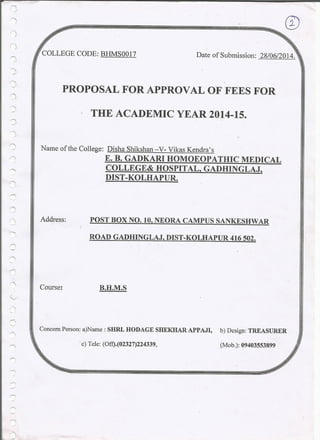 Proposal for appoval of fees for th academic year 2014-15 