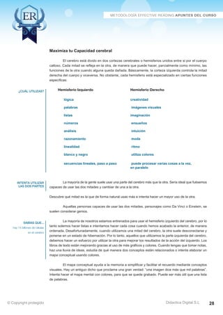 Técnicas Avanzadas de Lectura Eficaz  Ejercicios del Curso 
Maximiza tu Capacidad cerebral 
El cerebro está divido en dos cortezas cerebrales o hemisferios unidos entre si por el cuerpo 
calloso. Cada mitad se refleja en la otra, de manera que puede hacer, parcialmente como mínimo, las 
funciones de la otra cuando alguna queda dañada. Básicamente, la corteza izquierda controla la mitad 
derecha del cuerpo y viceversa. No obstante, cada hemisferio está especializado en ciertas funciones 
específicas: 
Hemisferio Izquierdo Hemisferio Derecho 
lógica creatividad 
palabras imágenes visuales 
listas imaginación 
números ensueños 
análisis intuición 
razonamiento moda 
linealidad ritmo 
blanco y negro utiliza colores 
secuencias lineales, paso a paso puede procesar varias cosas a la vez, 
en paralelo 
La mayoría de la gente suele usar una parte del cerebro más que la otra. Sería ideal que fuésemos 
capaces de usar las dos mitades y cambiar de una a la otra. 
Descubre qué mitad es la que de forma natural usas más e intenta hacer un mayor uso de la otra. 
Aquellas personas capaces de usar las dos mitades, personajes como Da Vinci o Einstein, se 
suelen considerar genios. 
La mayoría de nosotros estamos entrenados para usar el hemisferio izquierdo del cerebro, por lo 
tanto solemos hacer listas e intentamos hacer cada cosa cuando hemos acabado la anterior, de manera 
ordenada. Desafortunadamente, cuando utilizamos una mitad del cerebro, la otra suele desconectarse y 
ponerse en un estado de hibernación. Por lo tanto, aquellos que utilizamos la parte izquierda del cerebro, 
debemos hacer un esfuerzo por utilizar la otra para mejorar los resultados de la acción del izquierdo. Los 
libros de texto están mejorando gracias al uso de más gráficos y colores. Cuando tengas que tomar notas, 
haz una lluvia de ideas, estudia de qué manera dos conceptos están relacionados o intenta elaborar un 
mapa conceptual usando colores. 
El mapa conceptual ayuda a la memoria a simplificar y facilitar el recuerdo mediante conceptos 
visuales. Hay un antiguo dicho que proclama una gran verdad: “una imagen dice más que mil palabras”. 
Intenta hacer el mapa mental con colores, para que se quede grabado. Puede ser más útil que una lista 
de palabras. 
AZ Consulting Training Productivity, S.L.U. © Copyright protegido 
Didactica Digital S.L 
¿cuál utilizas? 
intenta utilizar 
las dos partes 
sabías que... 
hay 14 billones de células 
en el cerebro 
© Copyright protegido 28 
 