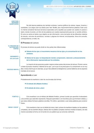 No sólo leemos palabras sino también símbolos. Leemos gráficos de colores, mapas, horarios y 
cantidades. Los ciegos usan sus dedos para “leer” Braille, pero mayormente leemos palabras. Este curso 
no intenta considerar técnicas de lectura especiales como aquellas que pueden ser usadas en poesía o 
teatro, donde el sonido y el ritmo de las palabras son usados expresamente para dar un sentido artístico. 
El curso se centra en textos cuyo objetivo es dar información, como los textos de las diferentes materias 
de estudio, artículos de periódicos, revistas o páginas de internet, enciclopedias, libros de consulta, 
correspondencia, e-mails, etc. 
El Proceso de Lectura 
El proceso de lectura se puede dividir en dos partes bien diferenciadas: 
Delante de los ojos: el movimiento mecánico de los ojos y la concentración en los 
símbolos. 
Detrás de los ojos: la interpretación mental, comprensión, retención y almacenamiento 
de la información representada por los símbolos. 
La mayoría de las personas pueden mejorar ambas partes del proceso de lectura. Primero vamos 
a tratar el proceso mecánico “delante de los ojos”, por lo que no te preocupes si tu comprensión no es muy 
alta o incluso disminuye en esta fase, ya que más adelante la trabajaremos cuando hablemos de los aspectos 
mentales de la lectura. 
Aprendiendo a Leer 
Probablemente te enseñaron a leer de una de estas dos formas: 
El método del alfabeto fonético 
El método de mirar y decir 
Si te enseñaron con el método del alfabeto fonético, primero tuviste que aprender el abecedario 
y los sonidos que cada letra representa. Después aprendiste a unir las letras para que formaran sílabas, y 
que estas sílabas formaran palabras sencillas. Por último, aprendiste a usar estas palabras para construir 
frases. 
Si te enseñaron a leer con el método de mirar y decir, primero te enseñaron tarjetas con las palabras 
completas y tal vez también dibujos. Debías decir la palabra completa mientras mirabas la tarjeta y de esta 
manera asociabas la forma con el sonido de una palabra que ya conocías oralmente. 
leer para 
entender 
significados 
el proceso de 
lectura-dos 
partes 
movimiento 
de los ojos 
proceso mental 
fonética 
mirar y decir” 
Didactica Digital S.L 
© Copyright protegido 5 
 