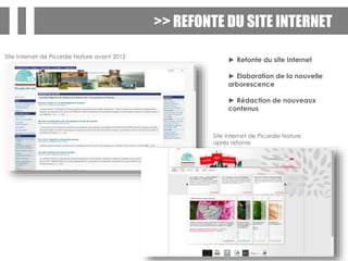 >> REFONTE DU SITE INTERNET
► Refonte du site Internet
► Elaboration de la nouvelle
arborescence
► Rédaction de nouveaux
contenus
Site Internet de Picardie Nature avant 2012
Site Internet de Picardie Nature
après refonte
 