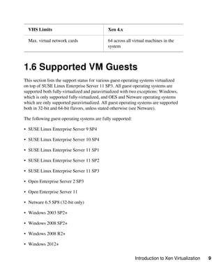 Introduction to Xen Virtualization 9
VHS Limits Xen 4.x
Max. virtual network cards 64 across all virtual machines in the
system
1.6 Supported VM Guests
This section lists the support status for various guest operating systems virtualized
on top of SUSE Linux Enterprise Server 11 SP3. All guest operating systems are
supported both fully-virtualized and paravirtualized with two exceptions: Windows,
which is only supported fully-virtualized, and OES and Netware operating systems
which are only supported paravirtualized. All guest operating systems are supported
both in 32-bit and 64-bit flavors, unless stated otherwise (see Netware).
The following guest operating systems are fully supported:
• SUSE Linux Enterprise Server 9 SP4
• SUSE Linux Enterprise Server 10 SP4
• SUSE Linux Enterprise Server 11 SP1
• SUSE Linux Enterprise Server 11 SP2
• SUSE Linux Enterprise Server 11 SP3
• Open Enterprise Server 2 SP3
• Open Enterprise Server 11
• Netware 6.5 SP8 (32-bit only)
• Windows 2003 SP2+
• Windows 2008 SP2+
• Windows 2008 R2+
• Windows 2012+
 