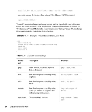 64 Virtualization with Xen
iscsi:iqn.2001-04.com.acme@0ac47ee2-216e-452a-a341-a12624cd0225
• A remote storage device specified using a Fibre Channel (NPIV) protocol.
npiv:210400e08b80c40f
To specify a mapping between physical storage and the virtual disk, you might need
to edit the virtual machine’s disk information. Follow the instructions in Section 5.3,
“Configuring a Virtual Machine by Modifying its Xend Settings” (page 43), to change
the respective device entry to the desired setting.
Example 7.1: Example: Virtual Machine Output from Xend
(vbd
(dev xvda:disk)
(uname file:/var/lib/xen/images/sles11/disk0)
(mode w)
(type disk)
(backend 0)
)
Table 7.1: Available uname Settings
Proto-
col
Description Example
phy: Block devices, such as a physical
disk, in domain 0
phy:/dev/sdc
file: Raw disk images accessed by using
loopback
file:/path/file
nbd: Raw disk images accessed by using
NBD
ndb: ip_port
tap:aio: Raw disk images accessed by using
blktap. Similar to loopback but
without using loop devices.
tap:aio:/path/
file
tap:cdrom CD reader block devices tap:cdrom:/dev/
sr0
 