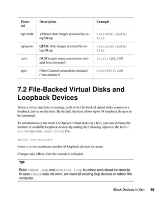 Block Devices in Xen 65
Proto-
col
Description Example
tap:vmdk: VMware disk images accessed by us-
ing blktap
tap:vmdk:/path/
file
tap:qcow: QEMU disk images accessed by us-
ing blktap
tap:qcow:/path/
file
iscsi: iSCSI targets using connections initi-
ated from domain 0
iscsi:IQN,LUN
npiv: Fibre Channel connections initiated
from domain 0
npiv:NPIV,LUN
7.2 File-Backed Virtual Disks and
Loopback Devices
When a virtual machine is running, each of its file-backed virtual disks consumes a
loopback device on the host. By default, the host allows up to 64 loopback devices to
be consumed.
To simultaneously run more file-backed virtual disks on a host, you can increase the
number of available loopback devices by adding the following option to the host’s /
etc/modprobe.conf.local file.
options loop max_loop=x
where x is the maximum number of loopback devices to create.
Changes take effect after the module is reloaded.
TIP
Enter rmmod loop and modprobe loop to unload and reload the module.
In case rmmod does not work, unmount all existing loop devices or reboot the
computer.
 
