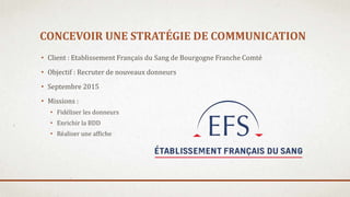 CONCEVOIR UNE STRATÉGIE DE COMMUNICATION
• Client : Etablissement Français du Sang de Bourgogne Franche Comté
• Objectif : Recruter de nouveaux donneurs
• Septembre 2015
• Missions :
• Fidéliser les donneurs
• Enrichir la BDD
• Réaliser une affiche
 