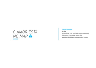 OBJETIVO
Aumentar de fluxo no local e, consequentemente,
o aumentar o volume de vendas dos
estabelecimentos que compõe o centro náutico.
CAMPANHA PROMOCIONAL
O AMOR ESTÁ
NO MARNAMORADOS
 