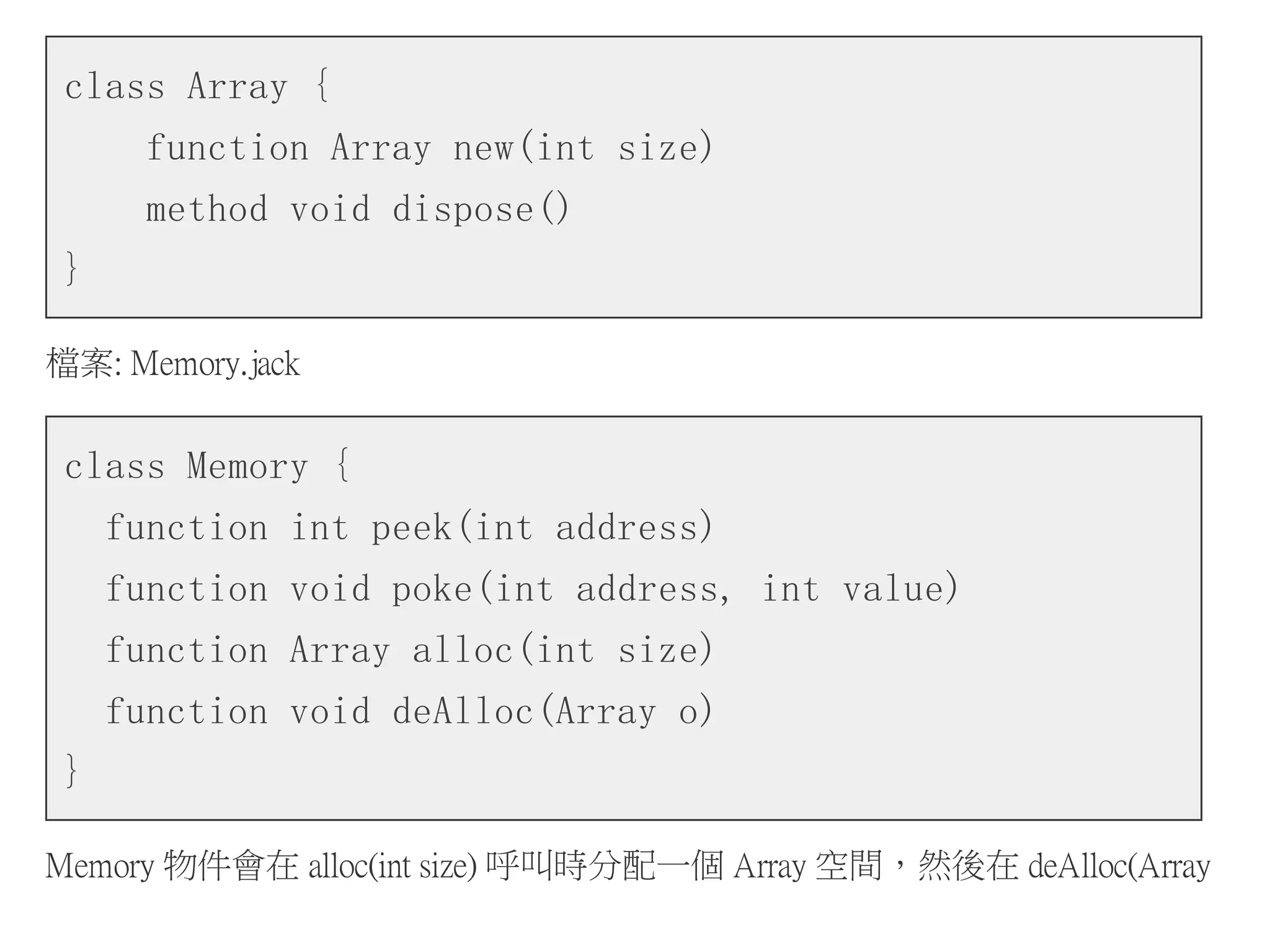 class Array {
function Array new(int size)
method void dispose()
}
檔案: Memory.jack
class Memory {
function int peek(int address)
function void poke(int address, int value)
function Array alloc(int size)
function void deAlloc(Array o)
}
Memory 物件會在 alloc(int size) 呼叫時分配一個 Array 空間，然後在 deAlloc(Array
 