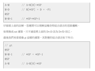 A=M // A=M[0]=*SP
M=D // M[*SP] = D = -P1
@SP
M=M+1 // *SP=*SP+1
仔細看上面的註解，您應開可以理解這種奇特組合語言的思路邏輯。
如果換成 not 運算，只不過是將上面的 D=-D 改為 D=!D 而已。
最後我們來看看像 gt 這樣的運算，其對應的組合語言如下所示:
// gt
@SP
M=M-1 // *SP = *SP-1
@SP
A=M // A=M[0]=*SP
 