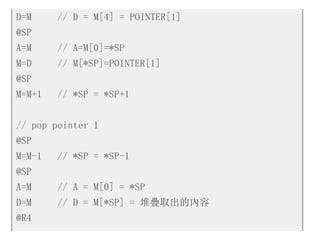 D=M // D = M[4] = POINTER[1]
@SP
A=M // A=M[0]=*SP
M=D // M[*SP]=POINTER[1]
@SP
M=M+1 // *SP = *SP+1
// pop pointer 1
@SP
M=M-1 // *SP = *SP-1
@SP
A=M // A = M[0] = *SP
D=M // D = M[*SP] = 堆疊取出的內容
@R4
 