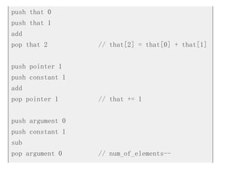push that 0
push that 1
add
pop that 2 // that[2] = that[0] + that[1]
push pointer 1
push constant 1
add
pop pointer 1 // that += 1
push argument 0
push constant 1
sub
pop argument 0 // num_of_elements--
 