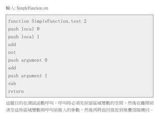輸入: SimpleFunction.vm
function SimpleFunction.test 2
push local 0
push local 1
add
not
push argument 0
add
push argument 1
sub
return
這題目的在測試函數呼叫，呼叫時必須先保留區域變數的空間，然後在離開前
清空這些區域變數與呼叫前推入的參數，然後再將返回值放到堆疊頂端傳回。
 