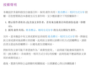 授權聲明
本雜誌許多資料修改自維基百科，採用 創作共用：姓名標示、相同方式分享 授
權，若您想要修改本書產生衍生著作時，至少應該遵守下列授權條件：
1. 標示原作者姓名 (包含該文章作者，若有來自維基百科的部份也請一併標
示)。
2. 採用 創作共用：姓名標示、相同方式分享 的方式公開衍生著作。
另外、當本雜誌中有文章或素材並非採用 姓名標示、相同方式分享 時，將會在
該文章或素材後面標示其授權，此時該文章將以該標示的方式授權釋出，請修
改者注意這些授權標示，以避免產生侵權糾紛。
例如有些文章可能不希望被作為「商業性使用」，此時就可能會採用創作共
用：[姓名標示、非商業性、相同方式分享] 的授權，此時您就不應當將該文章
用於商業用途上。
最後、懇請勿移除公益捐贈的相關描述，以便讓愛心得以持續散播！
 