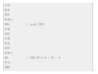 A=M
M=D
@SP
M=M+1
@R4 // push THAT
D=M
@SP
A=M
M=D
@SP
M=M+1
@6 // ARG=SP-n-5 = SP - 6
D=A
@R0
 