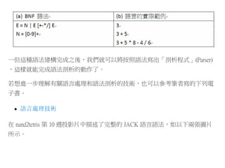 一但這種語法建構完成之後，我們就可以將按照語法寫出「剖析程式」(Parser)
，這樣就能完成語法剖析的動作了。
若想進一步理解有關語言處理和語法剖析的技術，也可以參考筆者寫的下列電
子書。
語言處理技術
在 nand2tetris 第 10 週投影片中描述了完整的 JACK 語言語法，如以下兩張圖片
所示。
 
