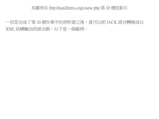 本圖來自 http://nand2tetris.org/course.php 第 10 週投影片
一但您完成了第 10 週作業中的剖析器之後，就可以把 JACK 語言轉換成以
XML 結構輸出的語法樹，以下是一個範例。
 